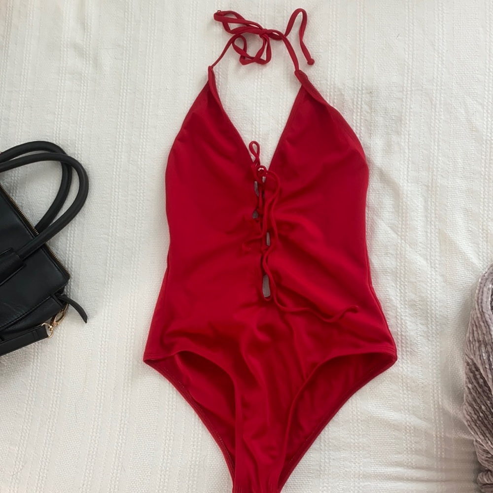 Red halter lace up one piece